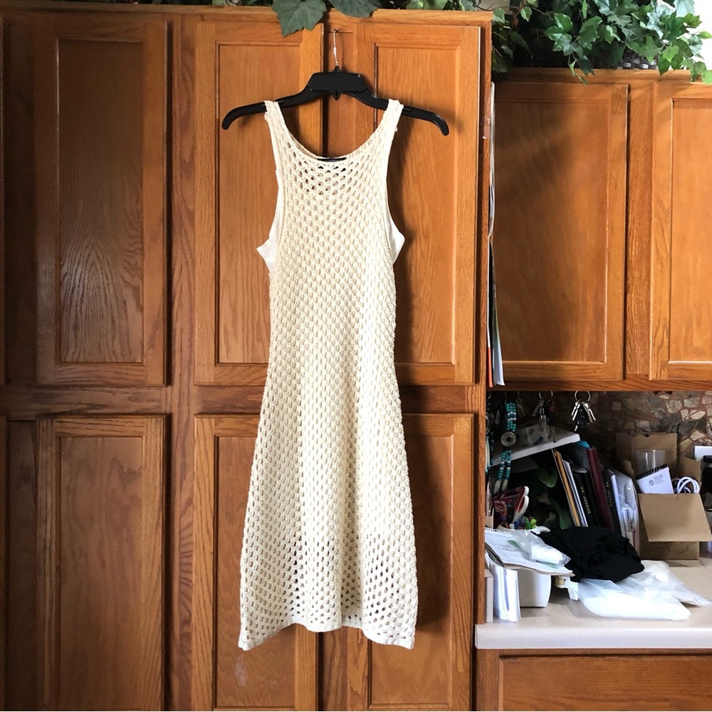 MINKPINK Boho Crochet Open-Knit Sheer Mini Tank Dress Bohemien Cream - L